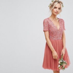 MAYA Petite Plunge Neck Embellished Tulle Dress